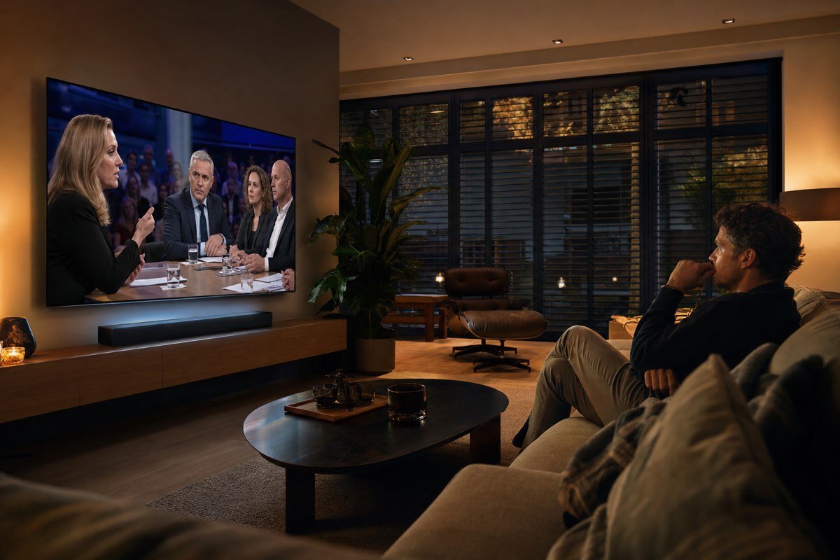 Nederlander kijkt naar dramatisch tv-moment met soundbar
