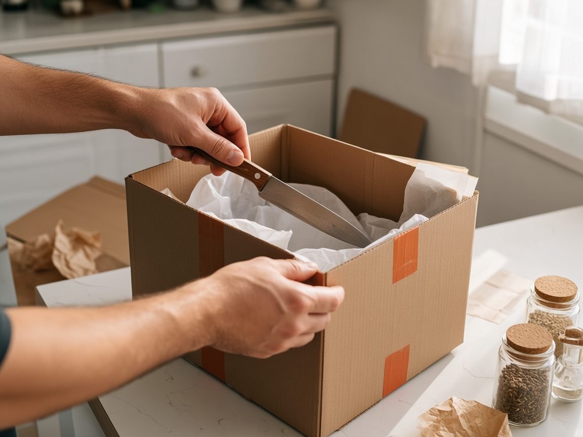 Einzug in eine neue Wohnung in Deutschland — Auspacken von Haushaltsgegenständen